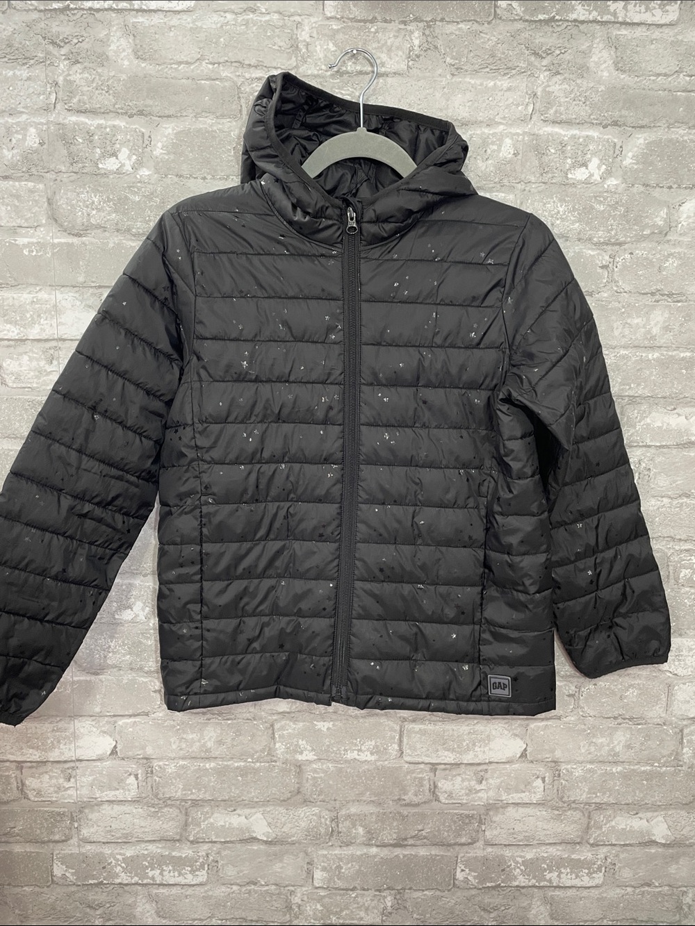 GAP Black Hooded Quilted Puffer with Star Speckle
